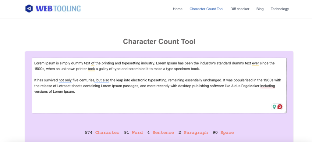 Online Character Count tool